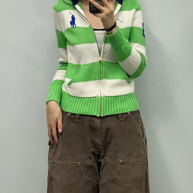 폴로 랄프 로렌 그린 스트라이프 니트 후드 집업 가디건