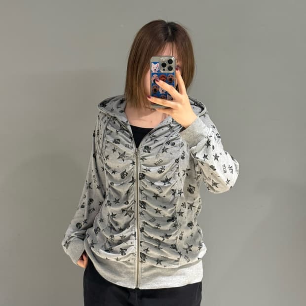 shirring detail skull hood zip-up