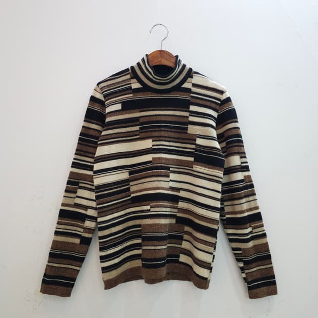 LANCEL 울 100% 스트라이프 하이넥 니트