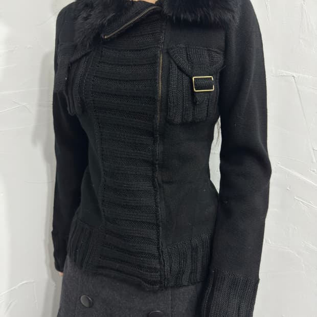 fur detail pocket knit zipup