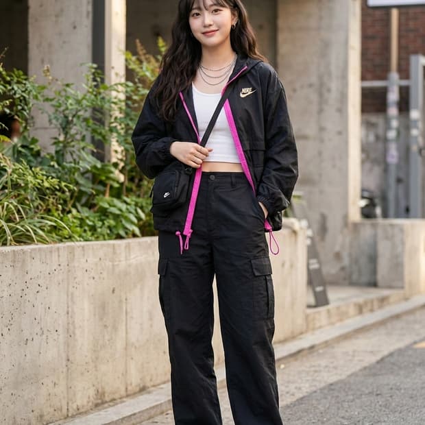 나이키 우먼스 우븐 후드 바람막이 블랙/핑크