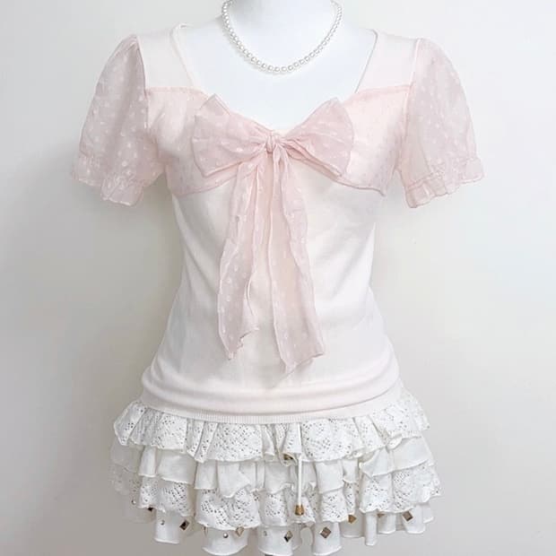 히메갸루 러블리 리본 도트 로걀탑 일본빈티지 히메 갸루