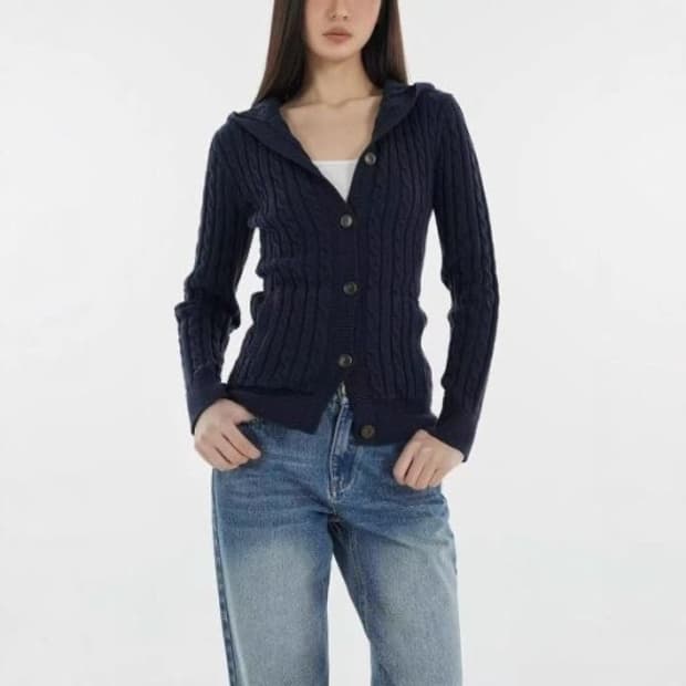 게스 브이넥 케이블 가디건 네이비