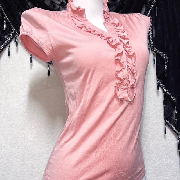 코랄핑크 프릴 반팔 블라우스 로걀탑 로맨틱갸루 히메 러블리 너드 모리