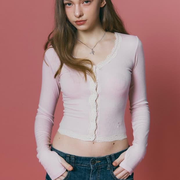 플리즈노팔로우 밀라 레이스 롱슬리브 탑 베이비핑크