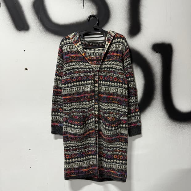 VTG 빈티지 모리 에스닉 보헤미안 패턴 롱 니트 후드 가디건