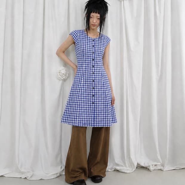 90s 블루 체크 무늬 원피스
