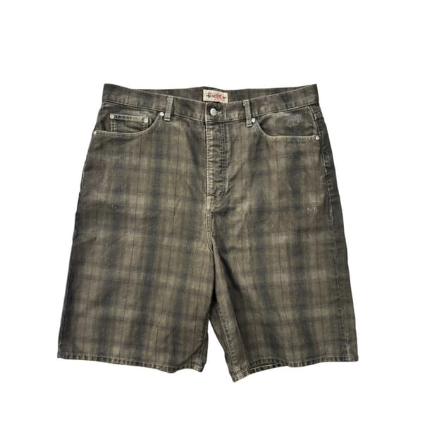 스투시 빅올 캔버스 플레이드 쇼츠 반바지 올리브