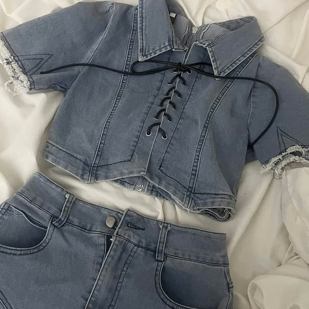 일본 빈티지 리본 코르셋 청청 세트