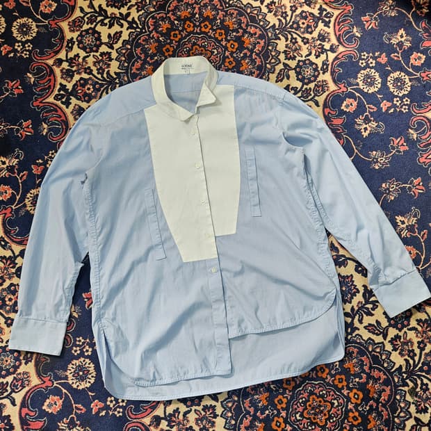 로에베(LOEWE)루즈핏 스트라이프 가죽 카라 블럭 셔츠