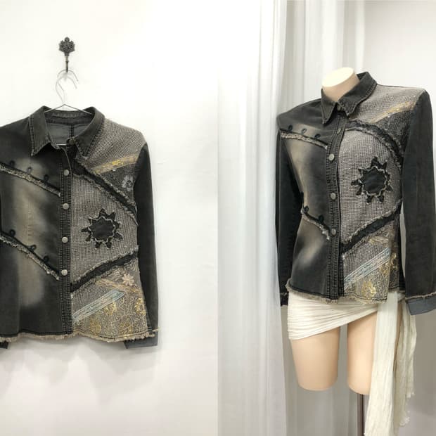 grunge patch detail grey denim jacket