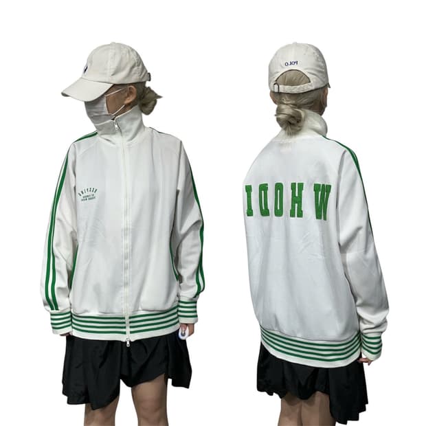일본 빈티지 화이트 그린 스포티 오버핏 트랙탑 져지 L