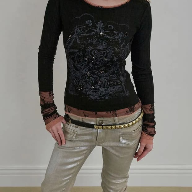 스컬프터 Triple Lace Layered Tee Black s