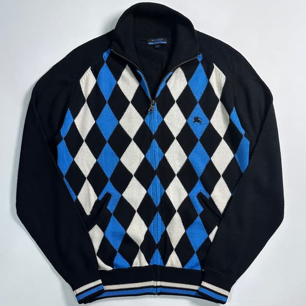 버버리 블루라벨 아가일패턴 울 니트 집업