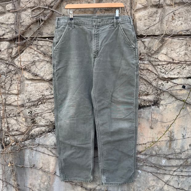 칼하트 빈티지 b111 모스그린 하드페이딩 카펜터 싱글니 워크 팬츠