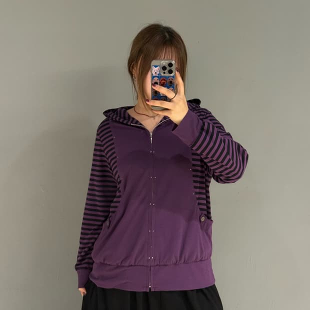 stripe pattern cubic line hood zip-up