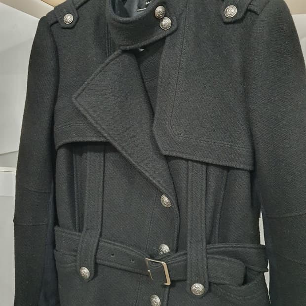 blu:pepe 블랙 벨트 피코트 모직 라이더 자켓