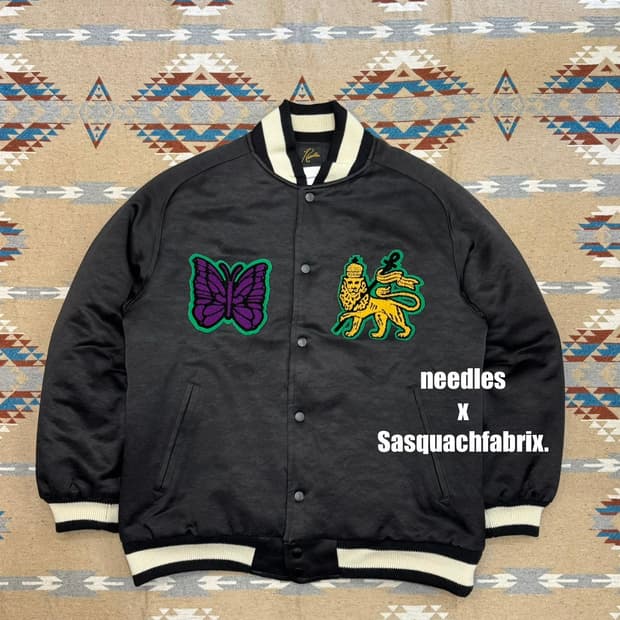 [L] 니들스x사스콰치 패브릭스 어워드 사틴 바시티 자켓 블랙 