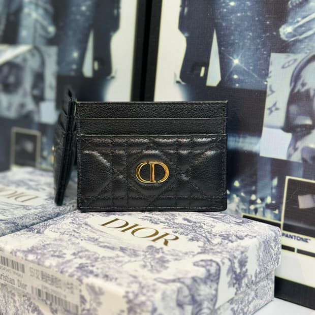 디올 카로 5 슬롯 카드 홀더 서플 까나쥬 카프스킨 블랙