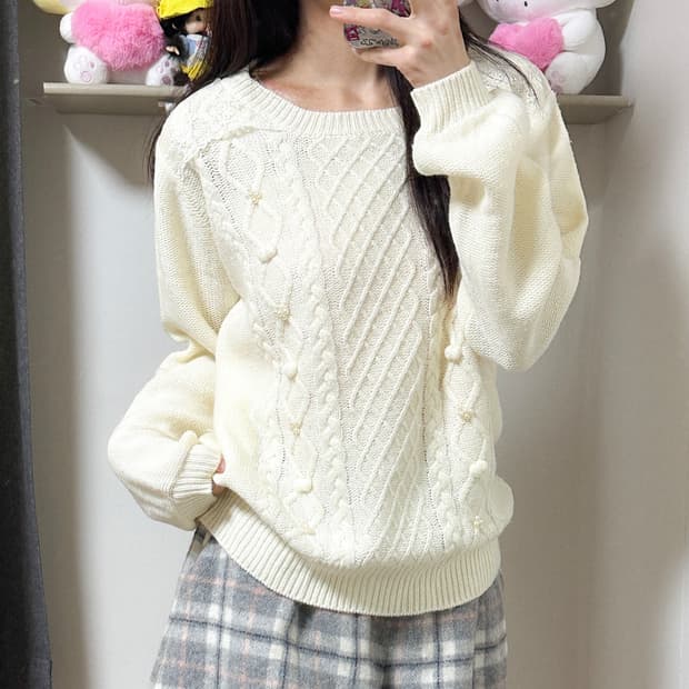 빈티지 화이트 폼폼이 진주 니트 티셔츠 히메갸루 로걀 모리걸 리즈리사깔