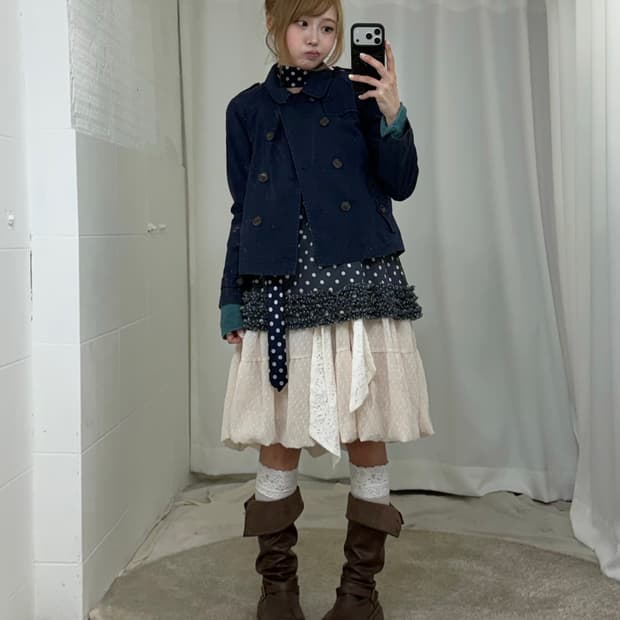 네이비 숏트렌치 청록 니혼진 도트 코디세트