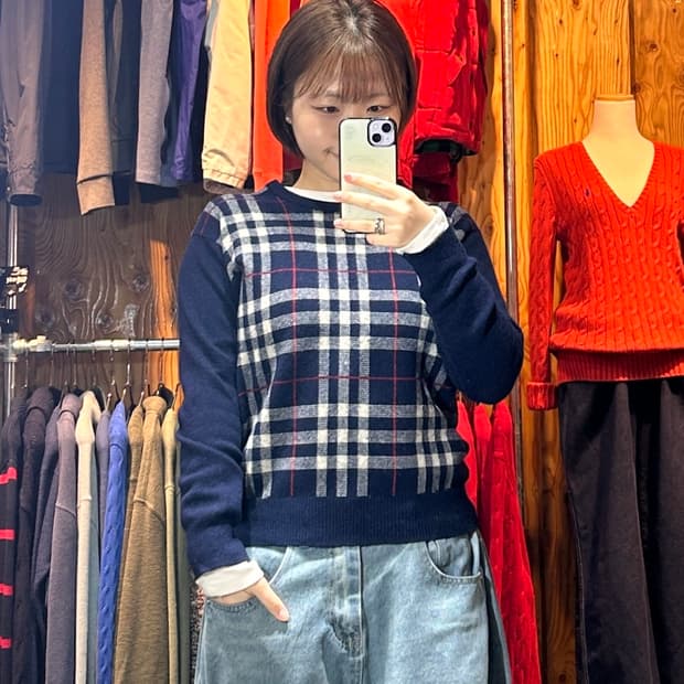 XS 버버리 클래식 노바체크 네이비 램스울 니트