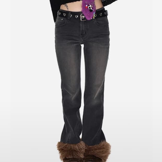 유스베스 Fur hem denim pants black