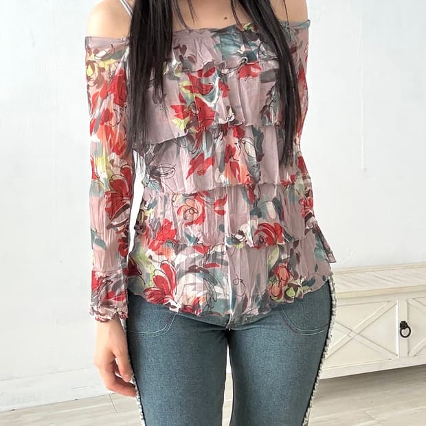Floral Print Off-Shoulder Mesh Top