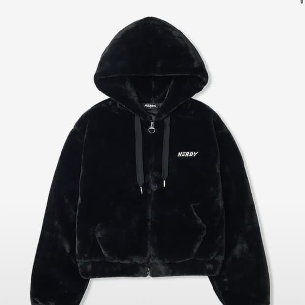 우먼스 크롭 에코 퍼 후드집업 블랙