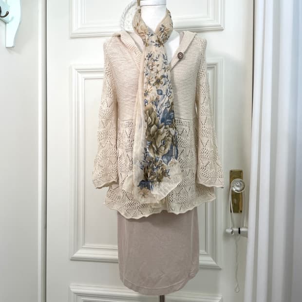 beige blue flower chiffon scarf