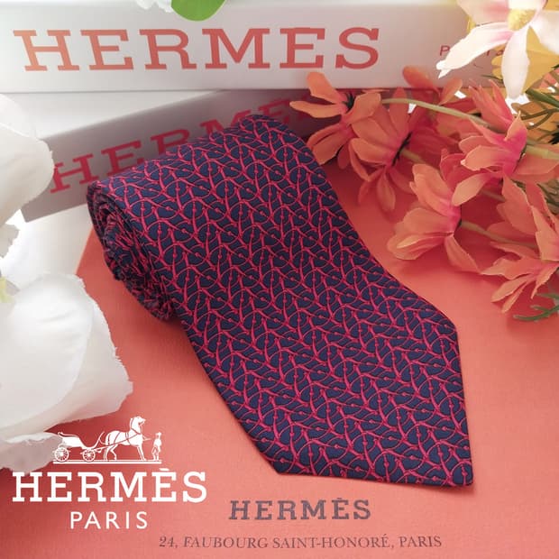 에르메스 실크 네이비 체인 패턴 넥타이 9.5cm A~B등급 K1771
