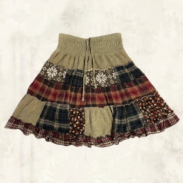 (이체시에눌) 일본 모리걸 대장 패치워크 체크 포인트 카키 스커트