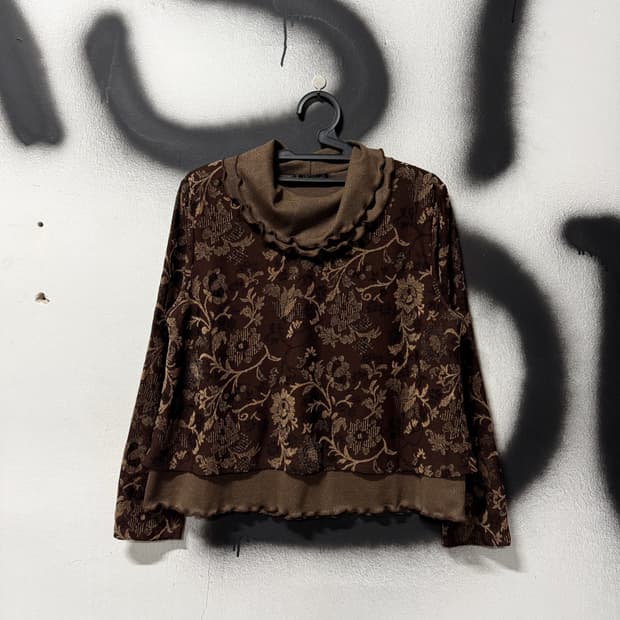 VTG 빈티지 러플 레이어드 투톤 딥브라운 플로럴 자카드 롱슬리브