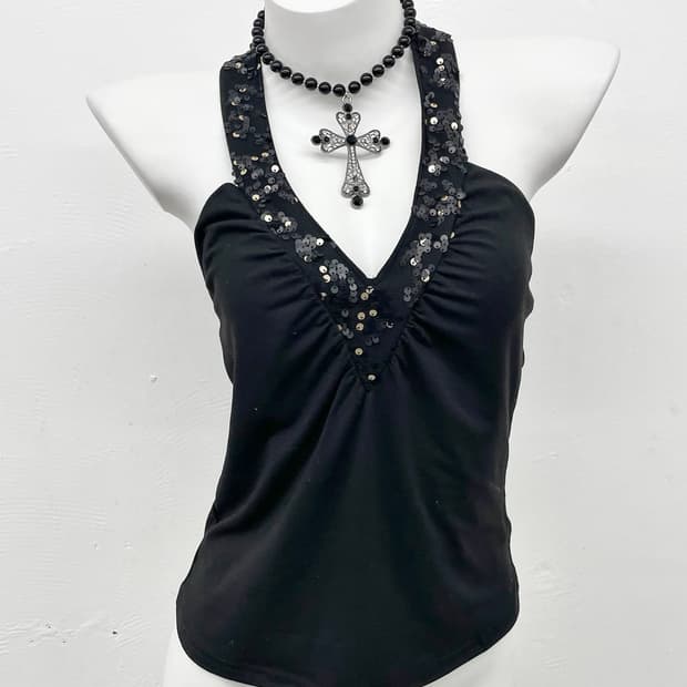 블랙 에스닉 셔링 홀터 슬립