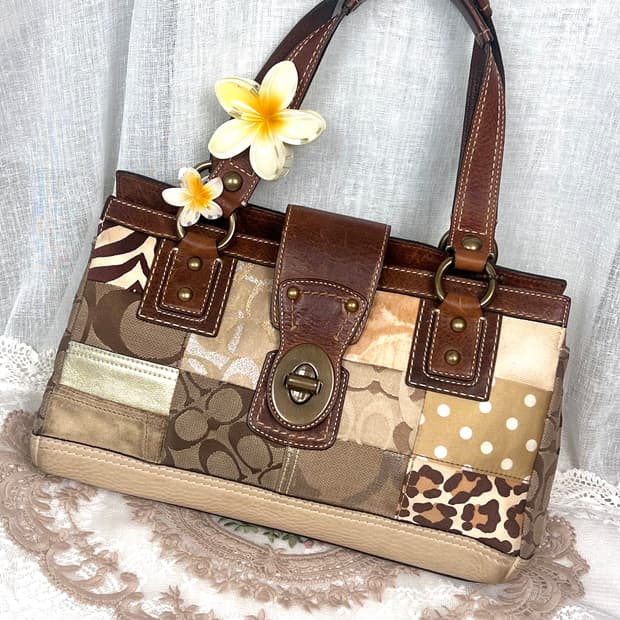 90s coach 패치워크 시그니처 호피 브라운 레더 캔버스 토트백