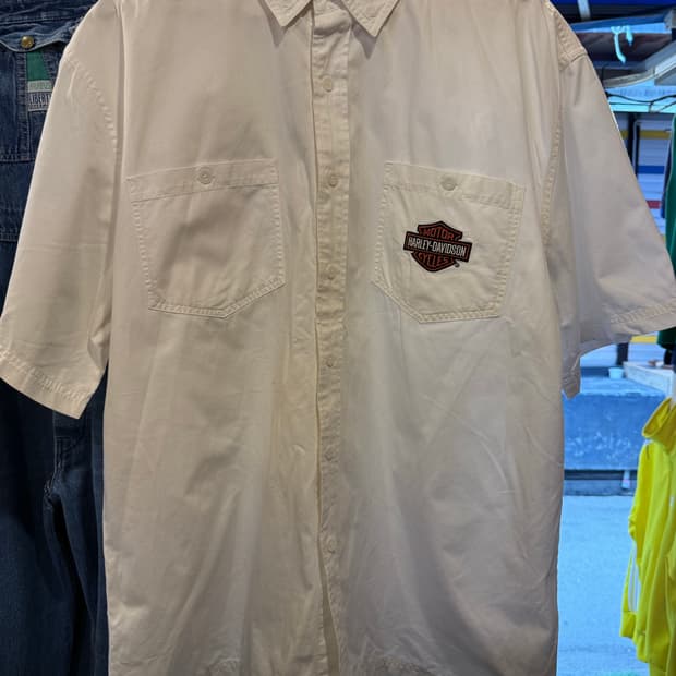 할리데이비슨 더블포켓 자수로고 화이트 반팔셔츠