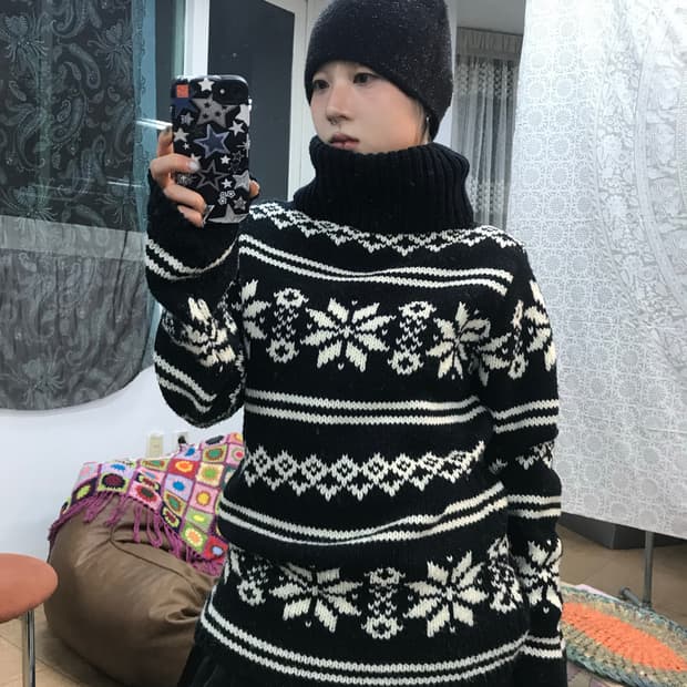 빈티지 여성 에스닉 목폴라 네이비 니트 