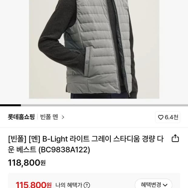 bean pole) 빈폴 거위털 그레이색 패딩조끼 95 상태9/10