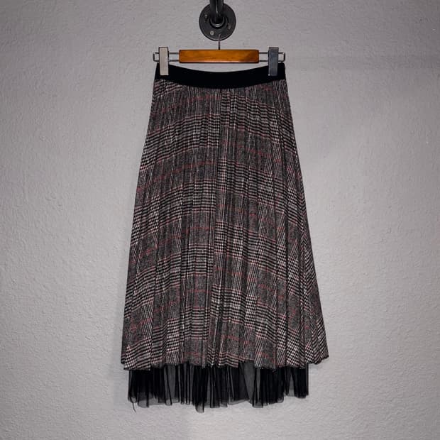 빈티지 샤 체크 플리츠 롱스커트