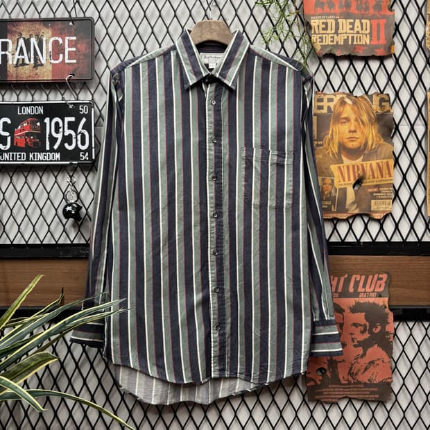 90s 버버리 스트라이프 긴팔 셔츠 전면 원포켓 포인트 네이비