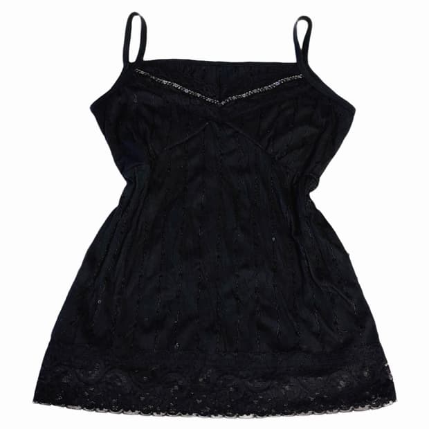 (이체시에눌)일본 스팽글 글리터 레이스 포인트 딱붙 블랙 슬립 나시