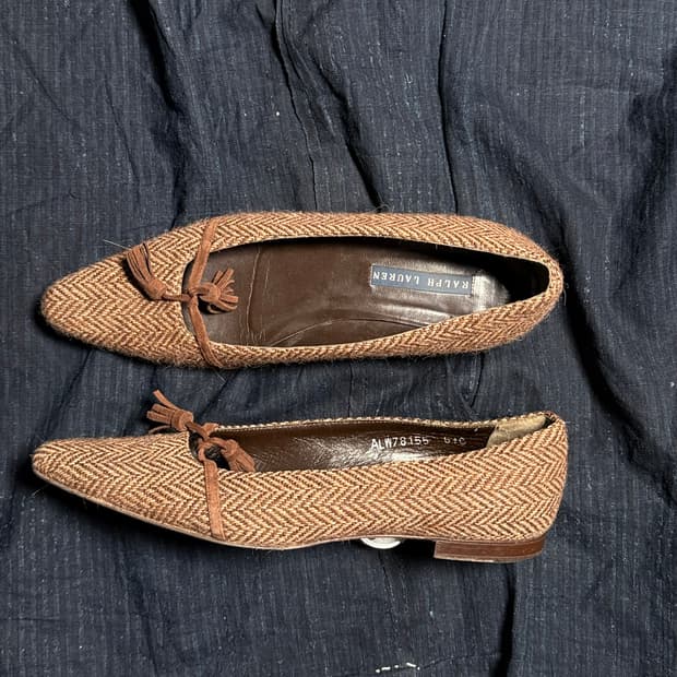 90-00‘s 폴로 랄프로렌 헤링본 트위드 테슬 플랫슈즈 6 1/2