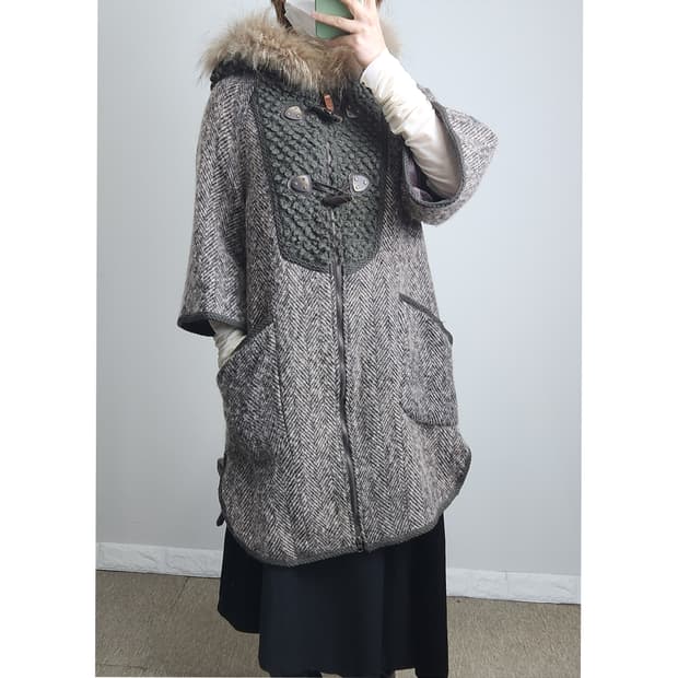 헤링본 라쿤 후드 자켓