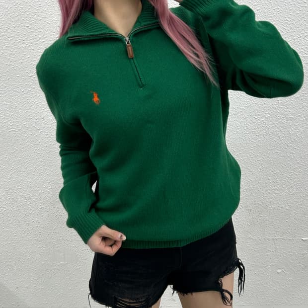 폴로 랄프로렌 오렌지포니 그린 니트 반집업 L