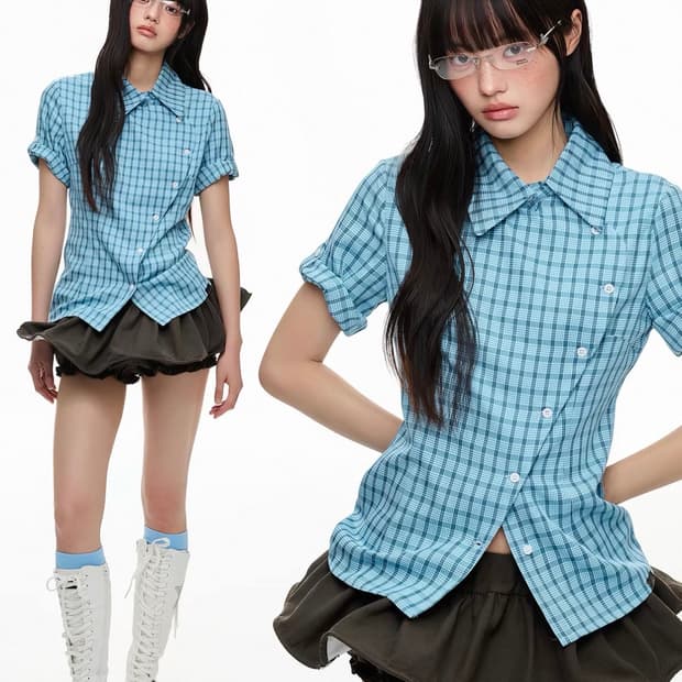 Jikoo 체크 반팔 셔츠