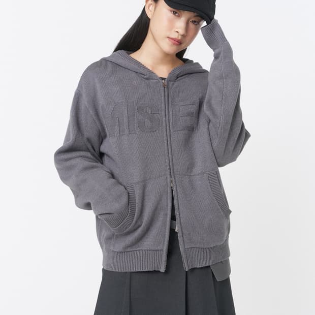 Logo knit hoodie zip-up CHARCOAL