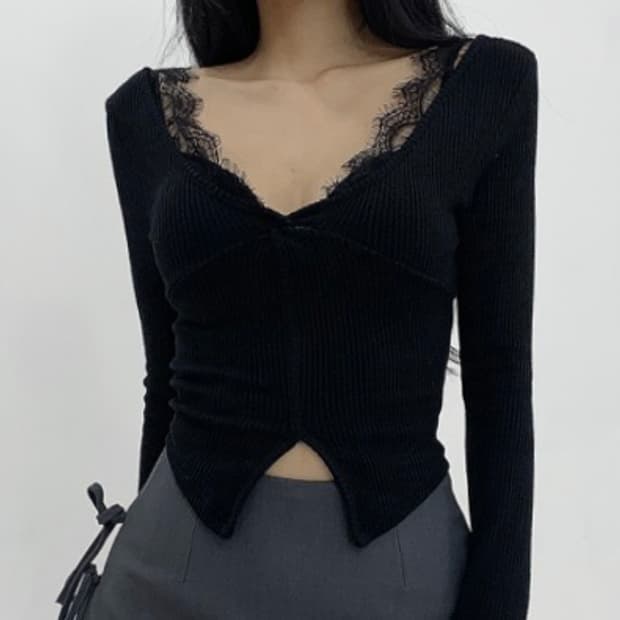 레이스 브이넥 슬림 니트탑