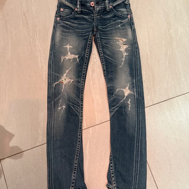 핑크 버튼 데님 팬츠