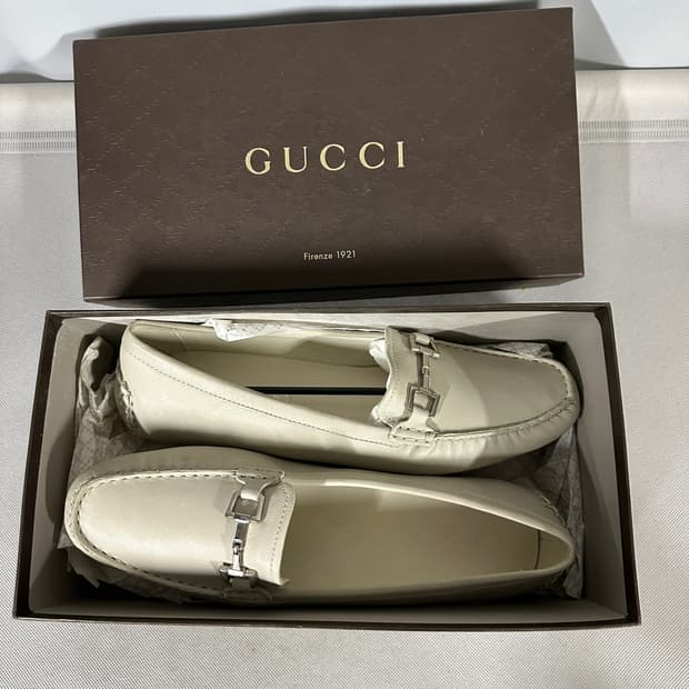 구찌 화이트레더 홀스빗 드라이빙 슈즈