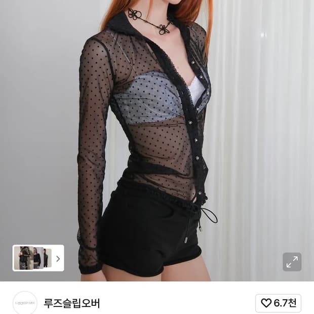 택포) 루즈슬립오버 쉬어 레이스 도트 블라우스 블랙